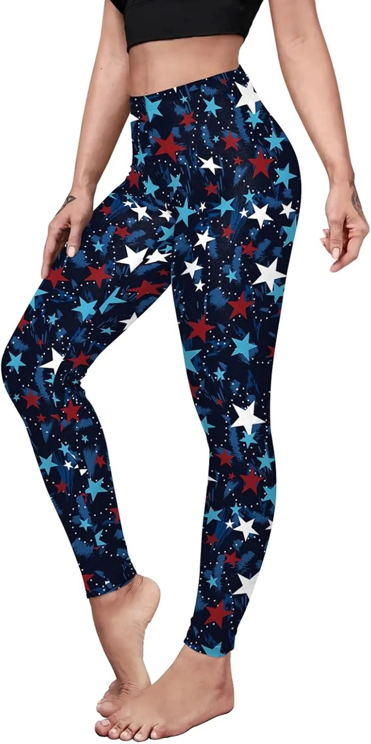 Eciodci Women's American Flag Leggings USA 4th of July Patriotic Stripes High Waist Soft Stretchy Yoga Pants