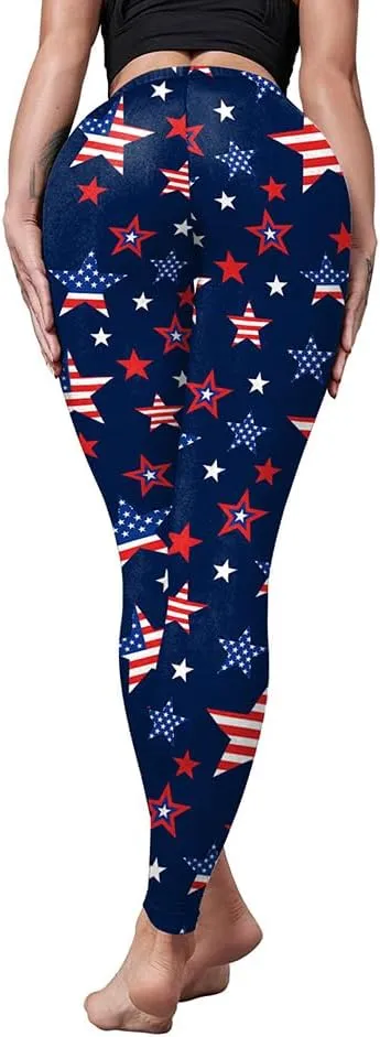 Eciodci Women's American Flag Leggings USA 4th of July Patriotic Stripes High Waist Soft Stretchy Yoga Pants
