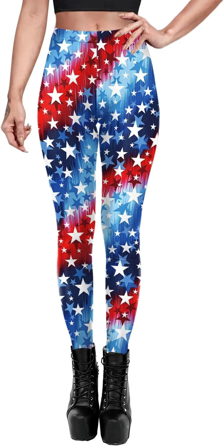 Eciodci Women's American Flag Leggings USA 4th of July Patriotic Stripes High Waist Soft Stretchy Yoga Pants