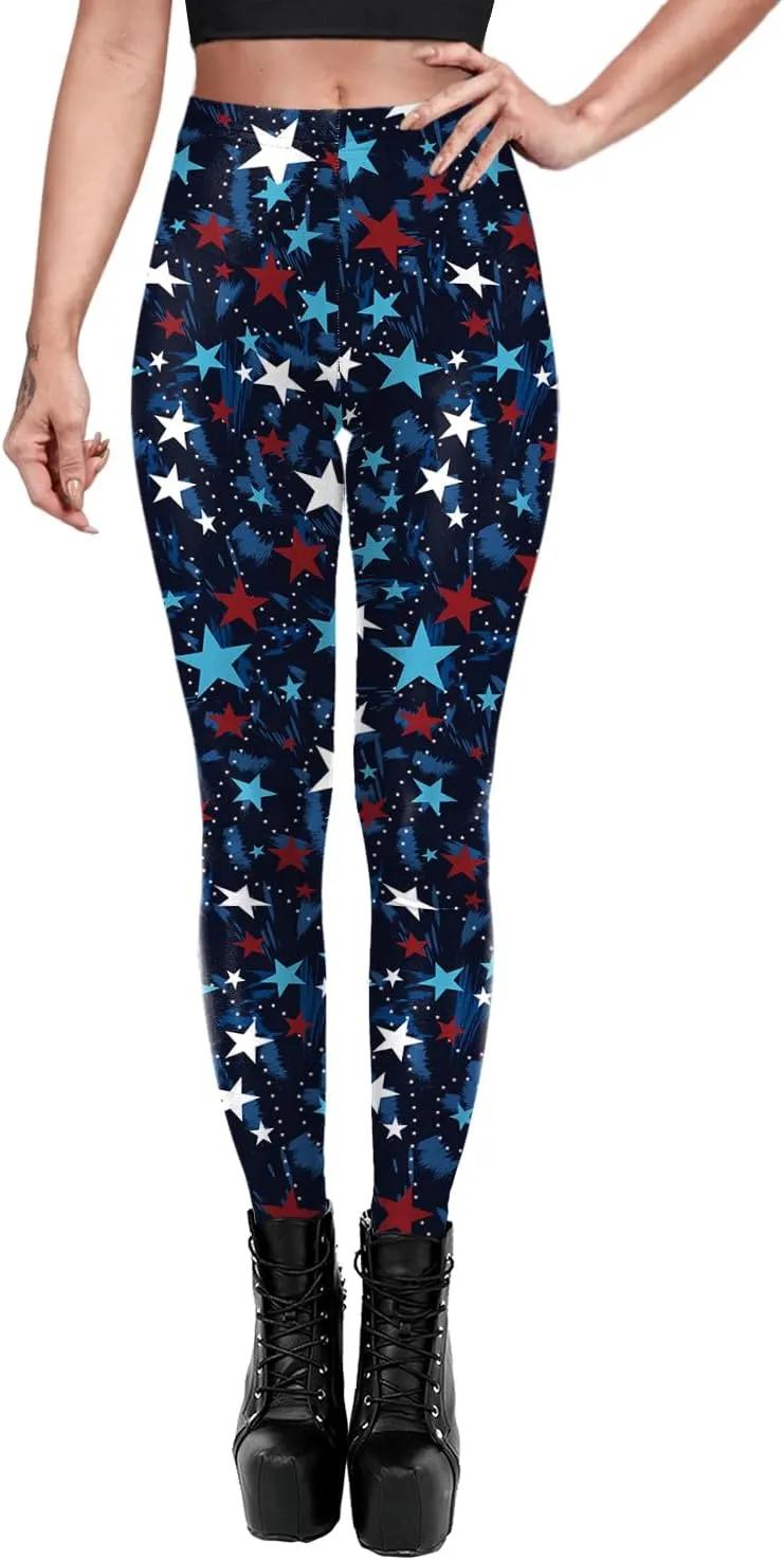 Eciodci Women's American Flag Leggings USA 4th of July Patriotic Stripes High Waist Soft Stretchy Yoga Pants