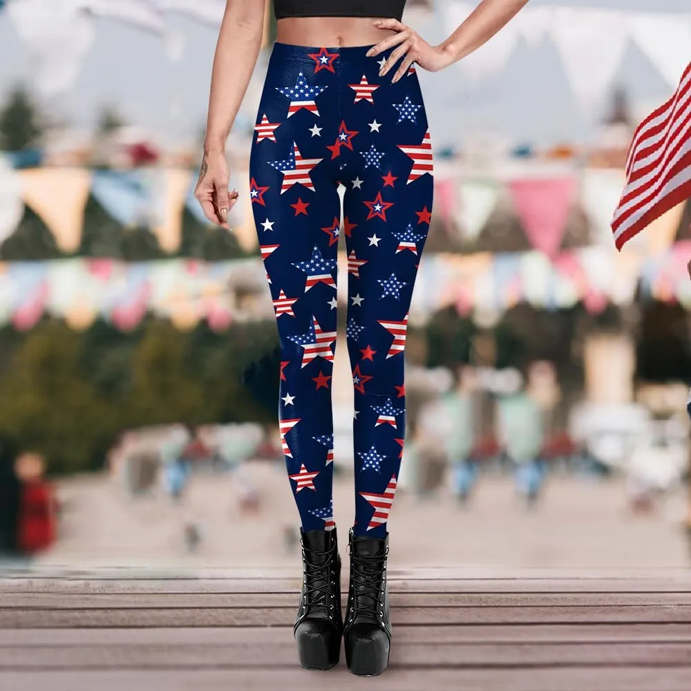 Eciodci Women's American Flag Leggings USA 4th of July Patriotic Stripes High Waist Soft Stretchy Yoga Pants