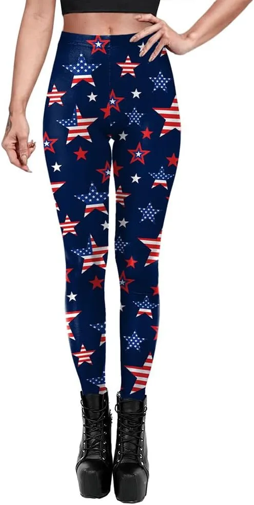 Eciodci Women's American Flag Leggings USA 4th of July Patriotic Stripes High Waist Soft Stretchy Yoga Pants