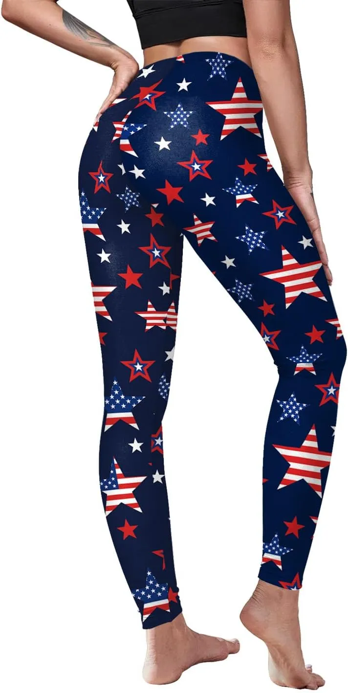 Eciodci Women's American Flag Leggings USA 4th of July Patriotic Stripes High Waist Soft Stretchy Yoga Pants