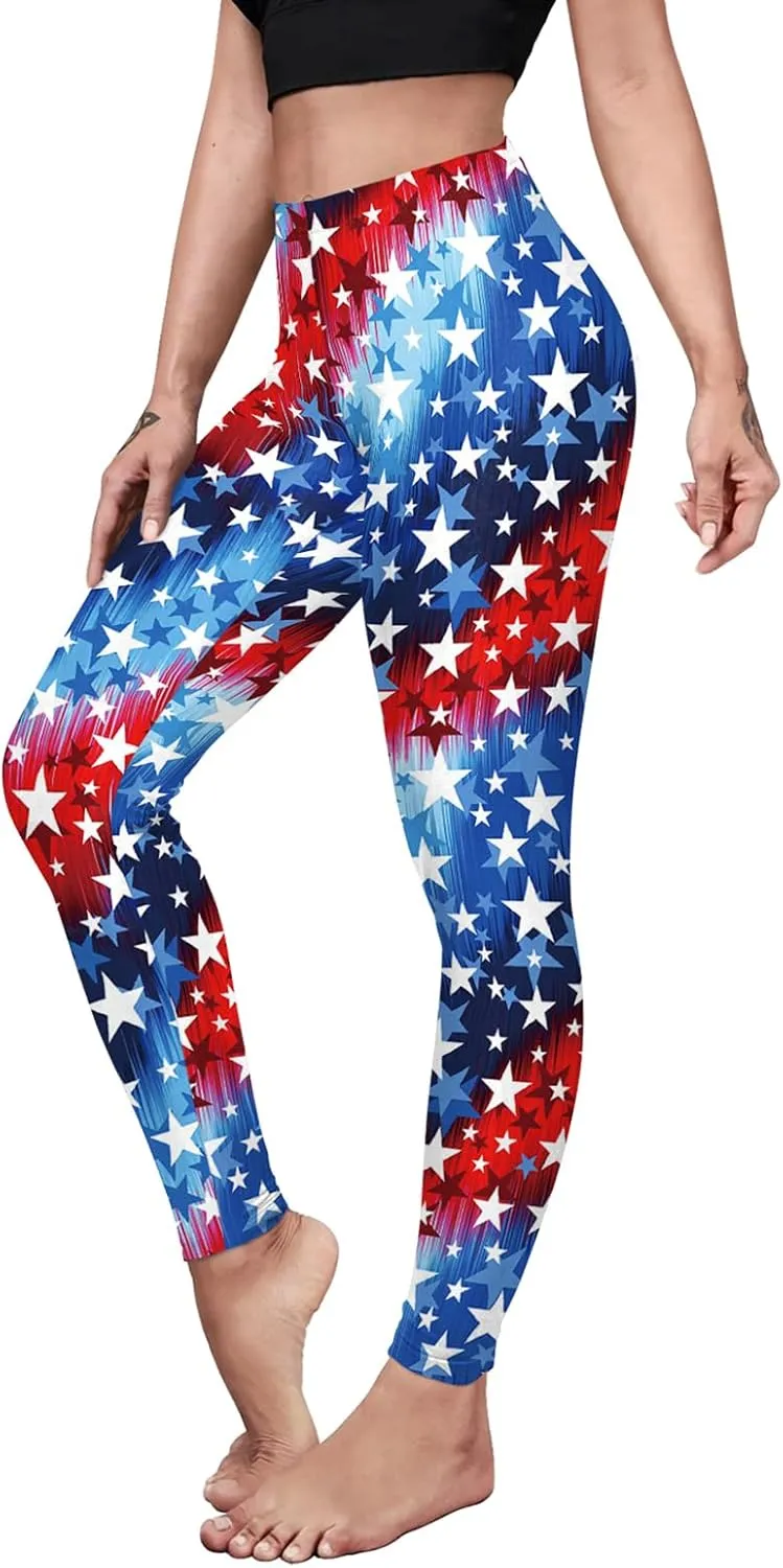 Eciodci Women's American Flag Leggings USA 4th of July Patriotic Stripes High Waist Soft Stretchy Yoga Pants