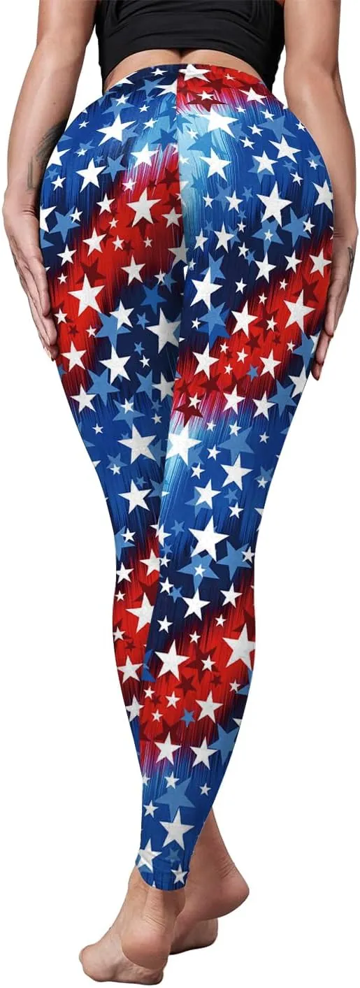 Eciodci Women's American Flag Leggings USA 4th of July Patriotic Stripes High Waist Soft Stretchy Yoga Pants