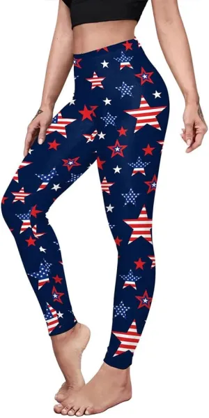 Eciodci Women's American Flag Leggings USA 4th of July Patriotic Stripes High Waist Soft Stretchy Yoga Pants