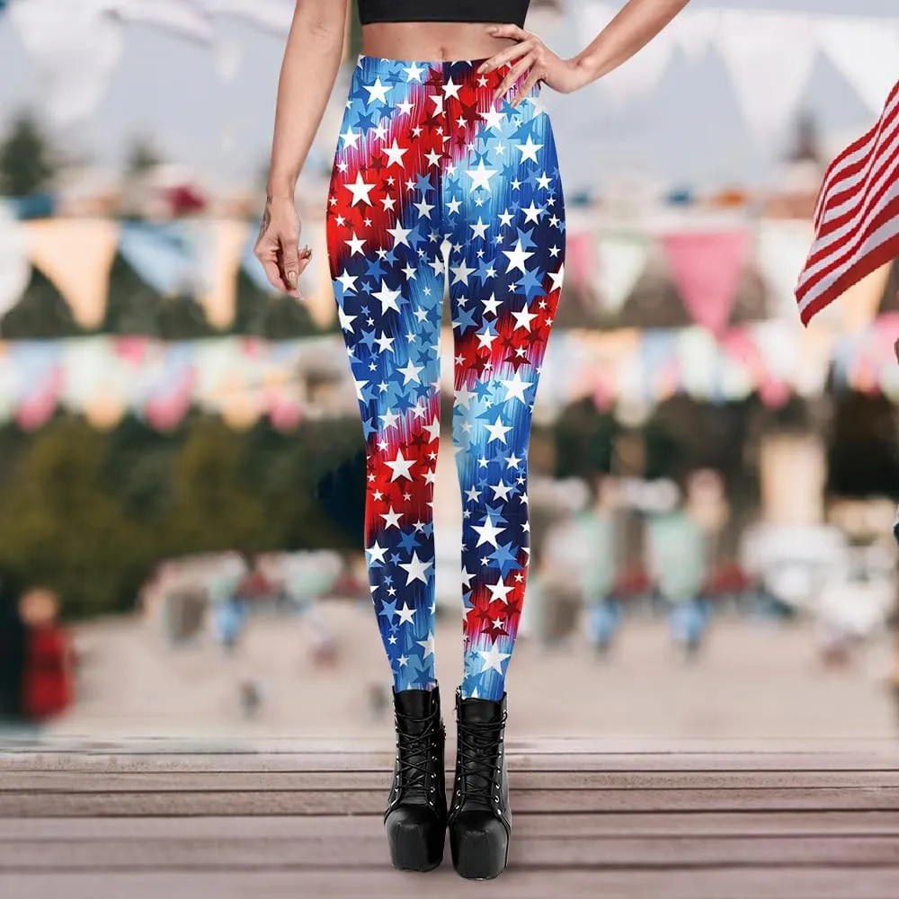 Eciodci Women's American Flag Leggings USA 4th of July Patriotic Stripes High Waist Soft Stretchy Yoga Pants