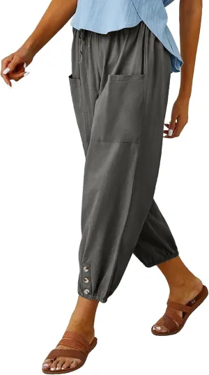 Ecokauer Women's High Waist Drawstring Capri Pants Loose Wide Leg Cropped Lounge Trousers with Pocket