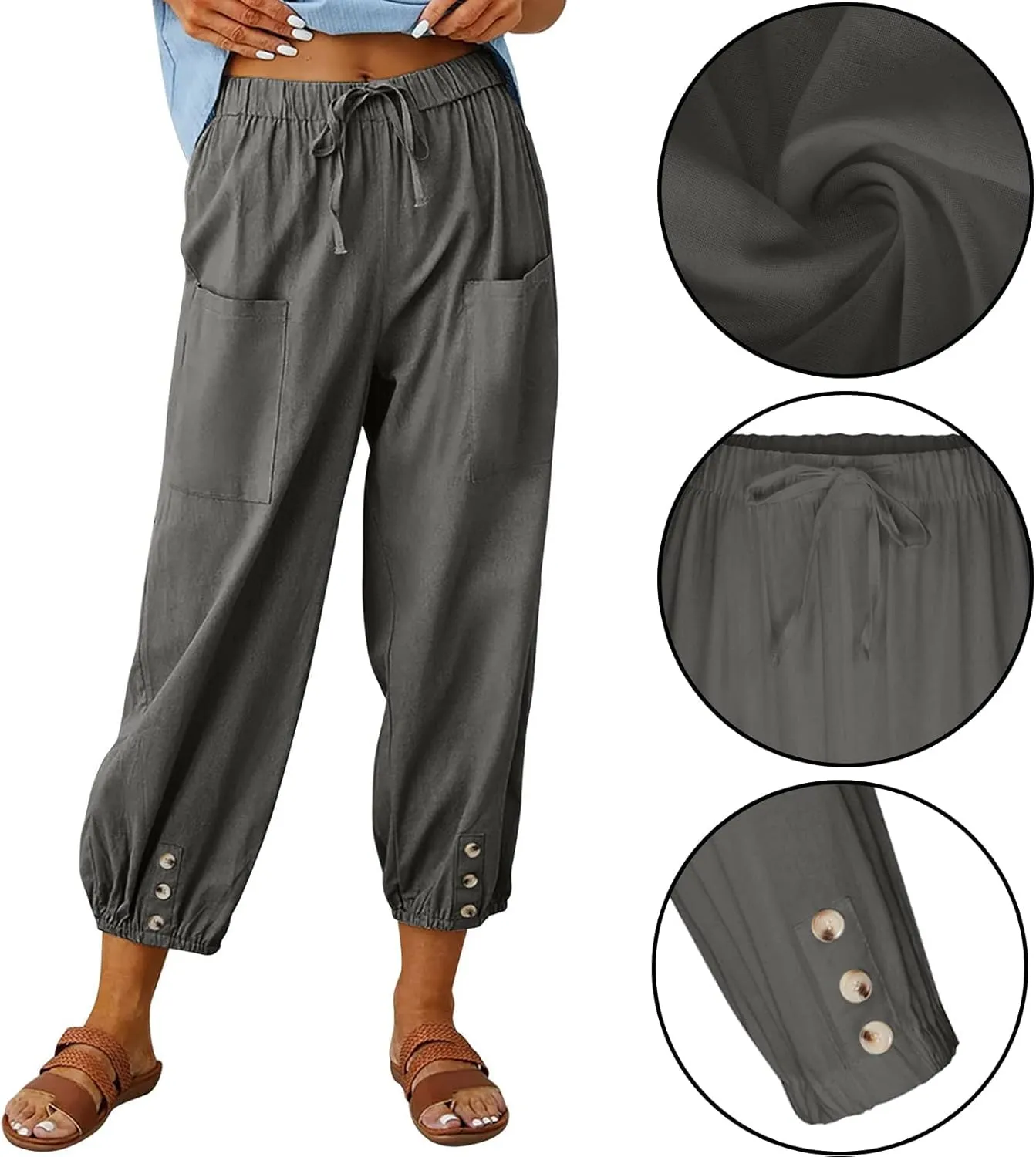 Ecokauer Women's High Waist Drawstring Capri Pants Loose Wide Leg Cropped Lounge Trousers with Pocket