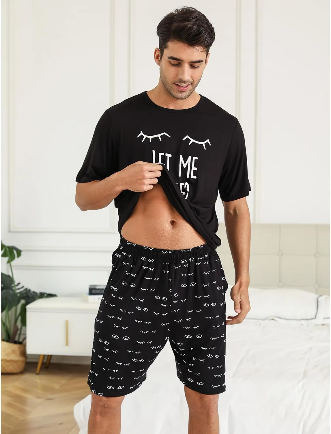 EISHOPEER Mens Modal Pajamas Set Short Sleeve Printed Soft 2 Pieces Lounge Set S-XXL