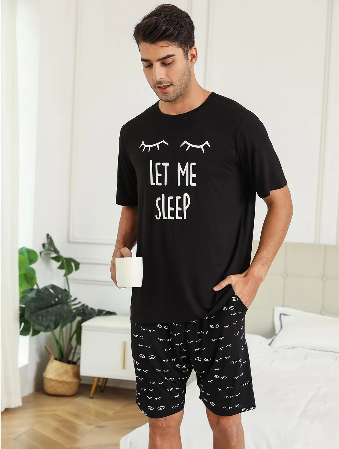 EISHOPEER Mens Modal Pajamas Set Short Sleeve Printed Soft 2 Pieces Lounge Set S-XXL