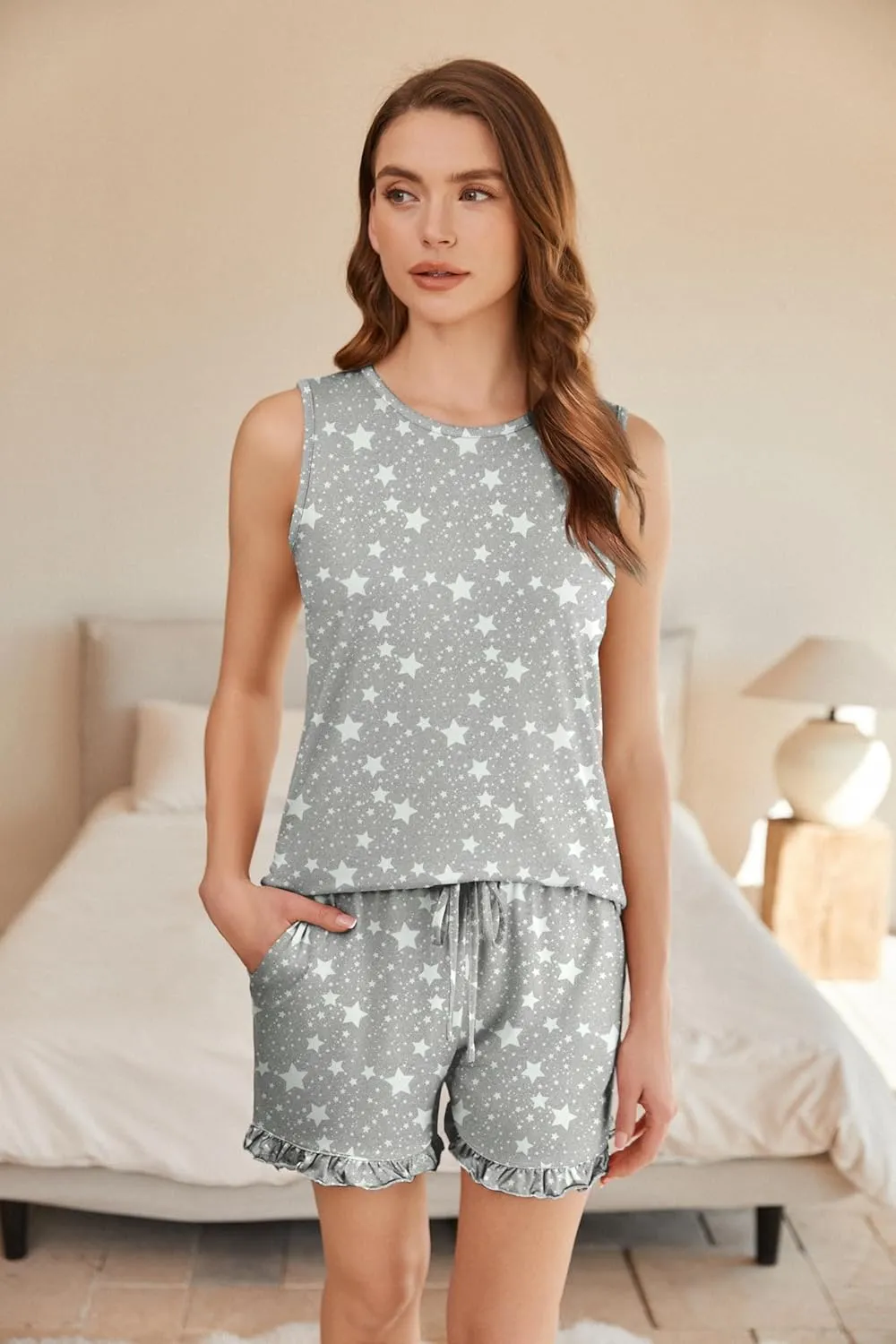 Ekouaer 2 Pack Womens Pajama Set Print Sleepwear Tank Tops and Ruffled Shorts with Pockets Soft Loungewear Sets Outfits