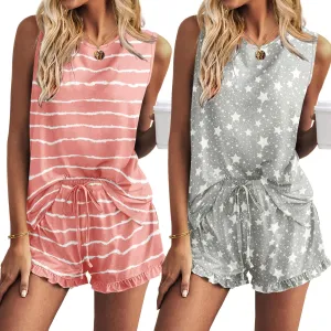 Ekouaer 2 Pack Womens Pajama Set Print Sleepwear Tank Tops and Ruffled Shorts with Pockets Soft Loungewear Sets Outfits