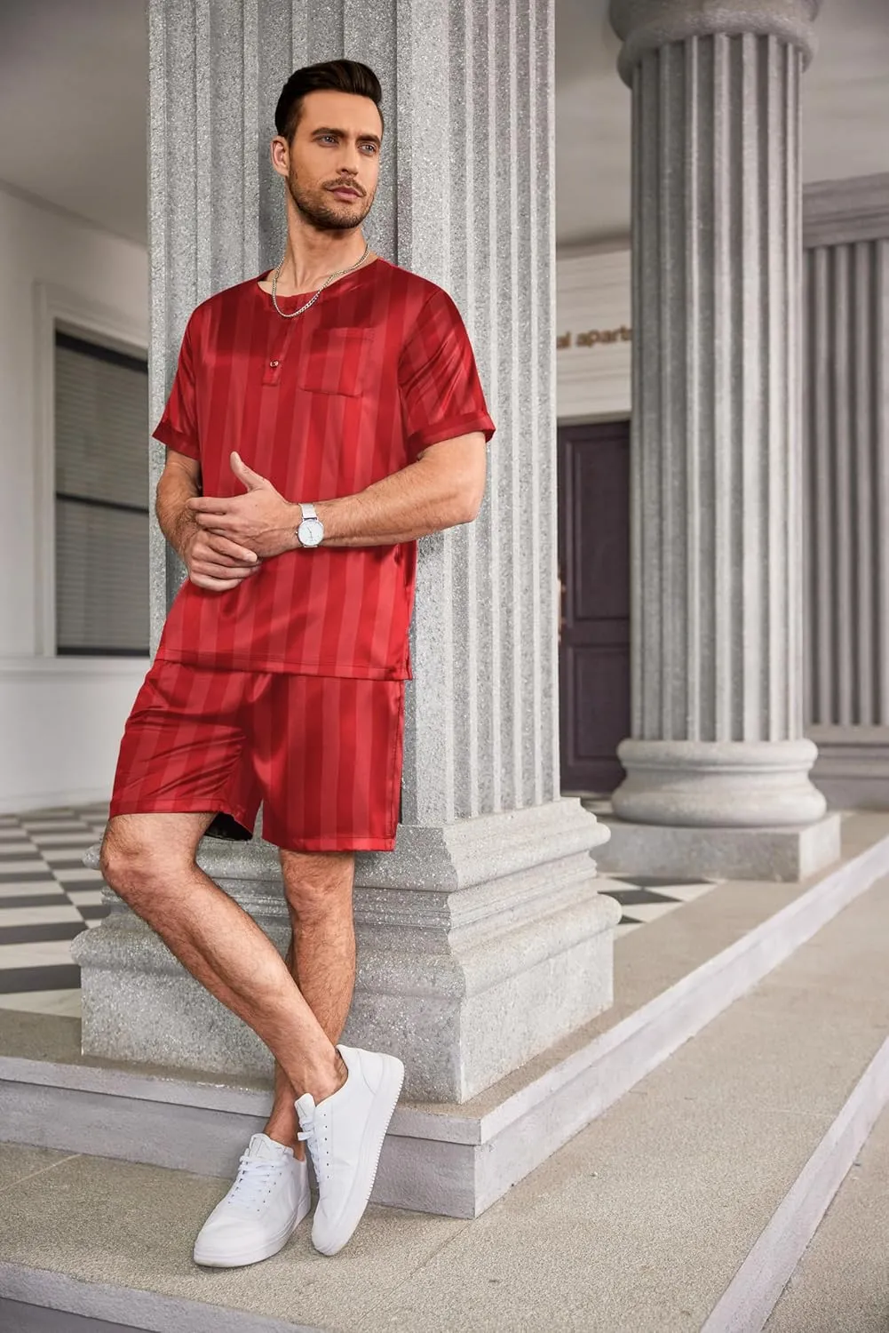 Ekouaer Men Silk Pajamas Set 2 Piece Pjs Soft Satin Sleepwear Shorts Button Down Tops Loungewear with Pockets