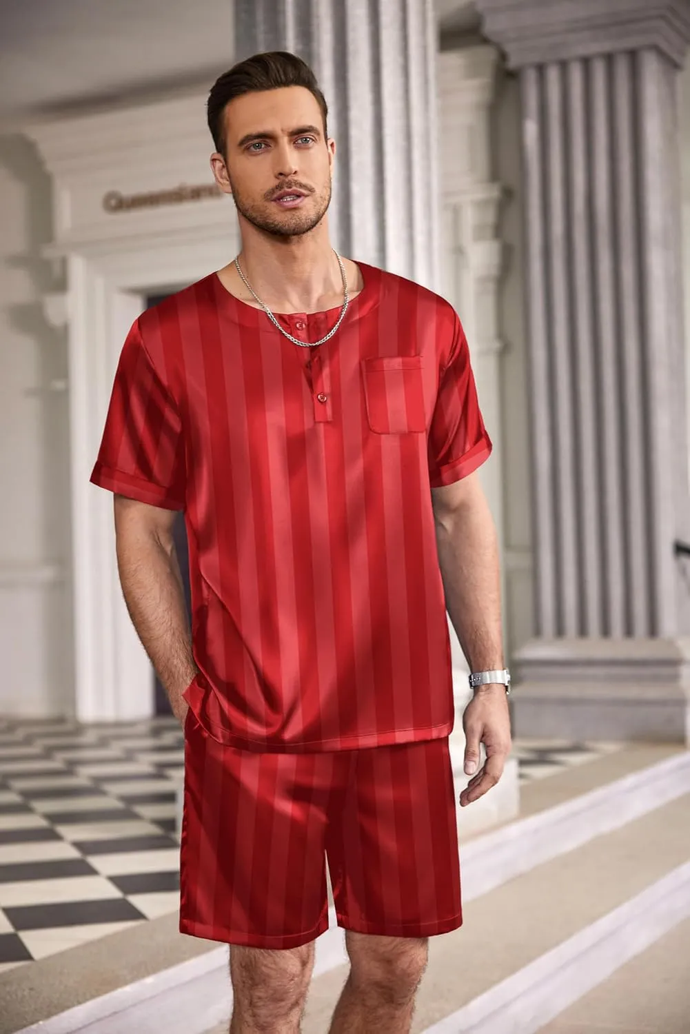 Ekouaer Men Silk Pajamas Set 2 Piece Pjs Soft Satin Sleepwear Shorts Button Down Tops Loungewear with Pockets