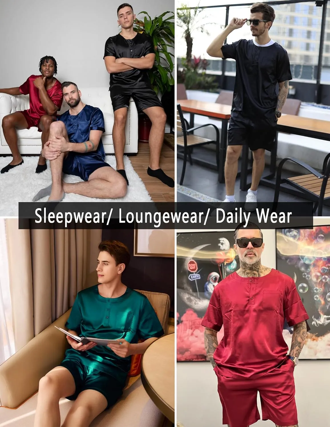 Ekouaer Men Silk Pajamas Set 2 Piece Pjs Soft Satin Sleepwear Shorts Button Down Tops Loungewear with Pockets