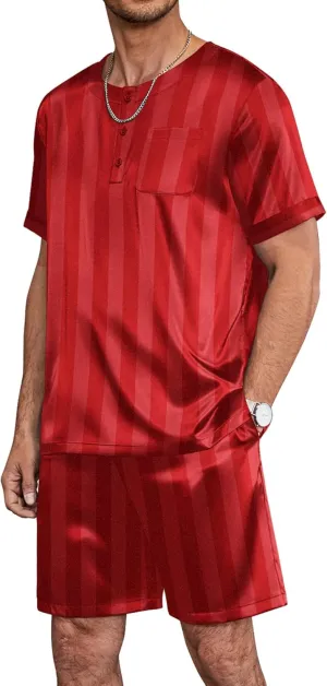 Ekouaer Men Silk Pajamas Set 2 Piece Pjs Soft Satin Sleepwear Shorts Button Down Tops Loungewear with Pockets