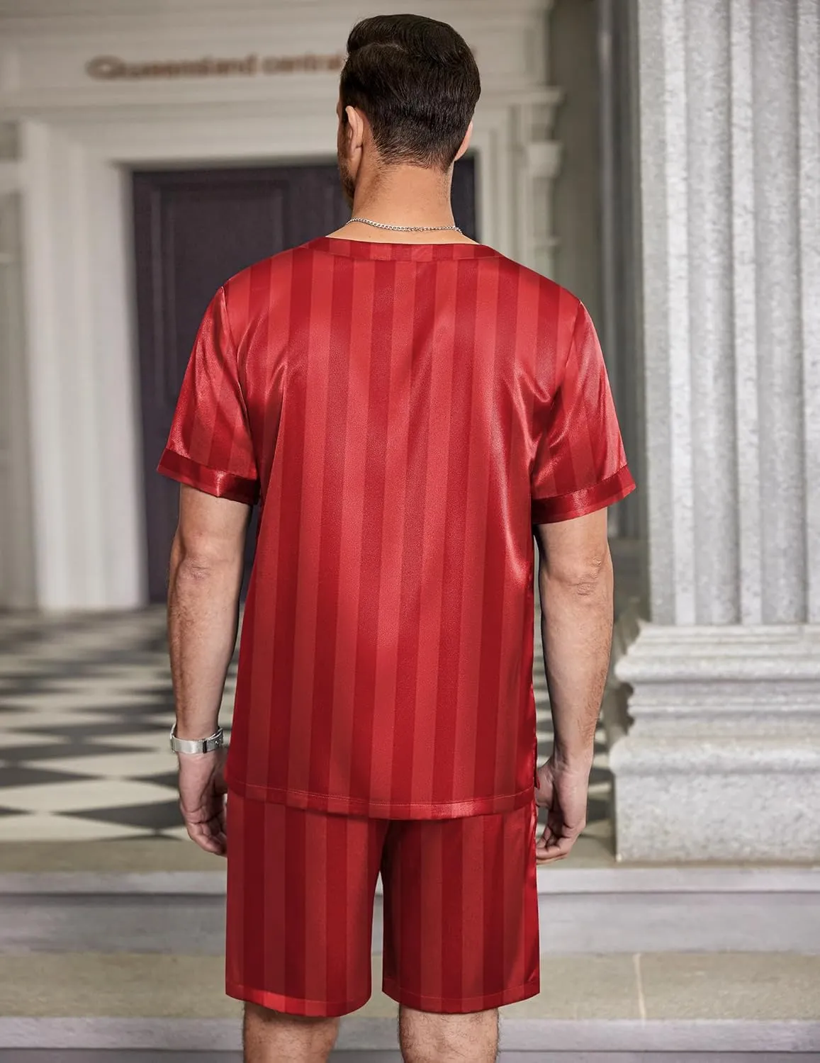 Ekouaer Men Silk Pajamas Set 2 Piece Pjs Soft Satin Sleepwear Shorts Button Down Tops Loungewear with Pockets
