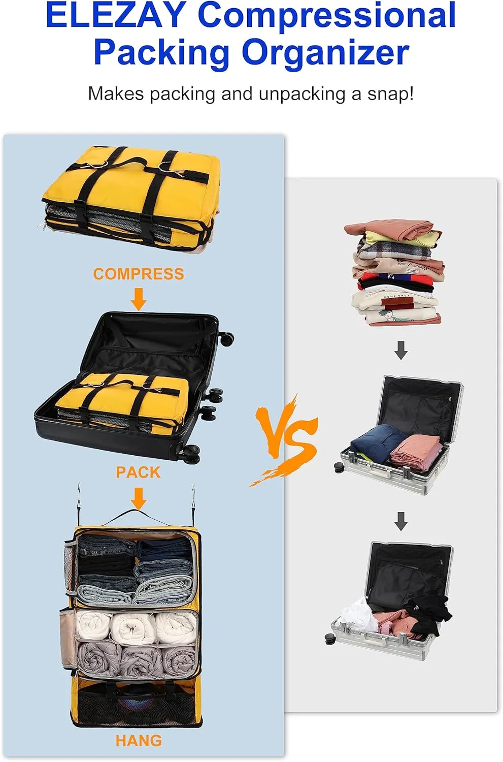 ELEZAY Hanging Packing Cubes Portable Closet 3-Shelf Travel Collapsible Compression Garment Organizer for Carry-on Luggage Suitcase Space Saver Bag XX-Large_No Side Pockets, Yellow