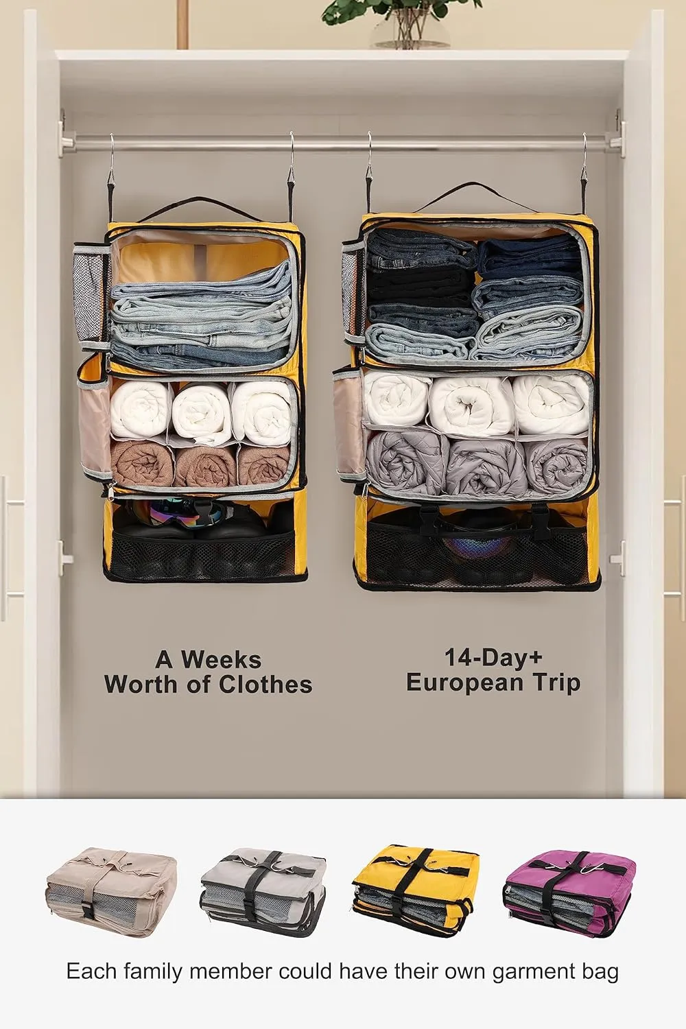 ELEZAY Hanging Packing Cubes Portable Closet 3-Shelf Travel Collapsible Compression Garment Organizer for Carry-on Luggage Suitcase Space Saver Bag XX-Large_No Side Pockets, Yellow
