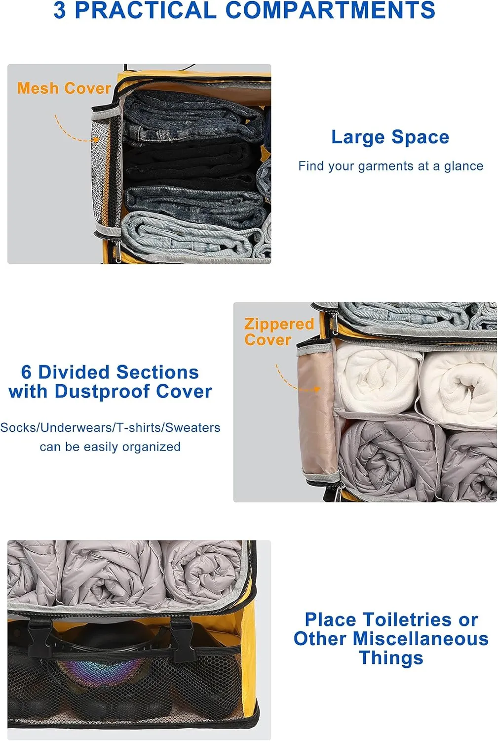 ELEZAY Hanging Packing Cubes Portable Closet 3-Shelf Travel Collapsible Compression Garment Organizer for Carry-on Luggage Suitcase Space Saver Bag XX-Large_No Side Pockets, Yellow