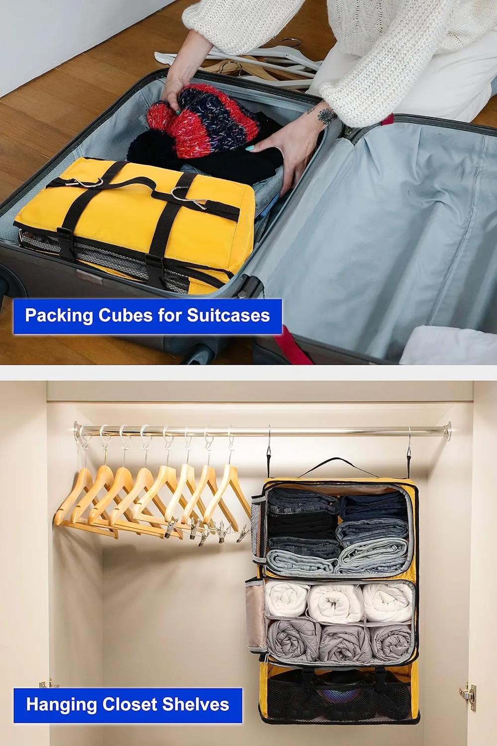ELEZAY Hanging Packing Cubes Portable Closet 3-Shelf Travel Collapsible Compression Garment Organizer for Carry-on Luggage Suitcase Space Saver Bag XX-Large_No Side Pockets, Yellow