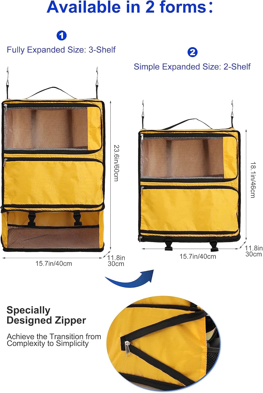 ELEZAY Hanging Packing Cubes Portable Closet 3-Shelf Travel Collapsible Compression Garment Organizer for Carry-on Luggage Suitcase Space Saver Bag XX-Large_No Side Pockets, Yellow