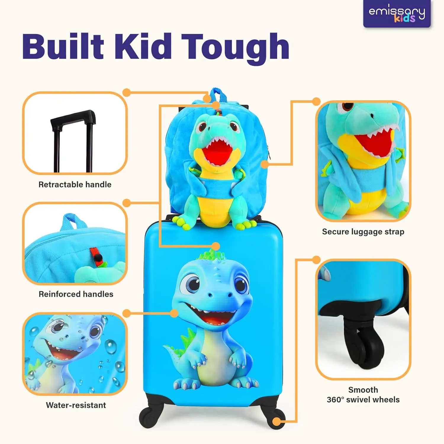 emissary Kids Luggage With Wheels, 18" Hardside Dinosaur Toddler Suitcases with Backpack for Boys, Airline Approved Kids Carry on Rolling Travel Luggage Set Gifts for Children