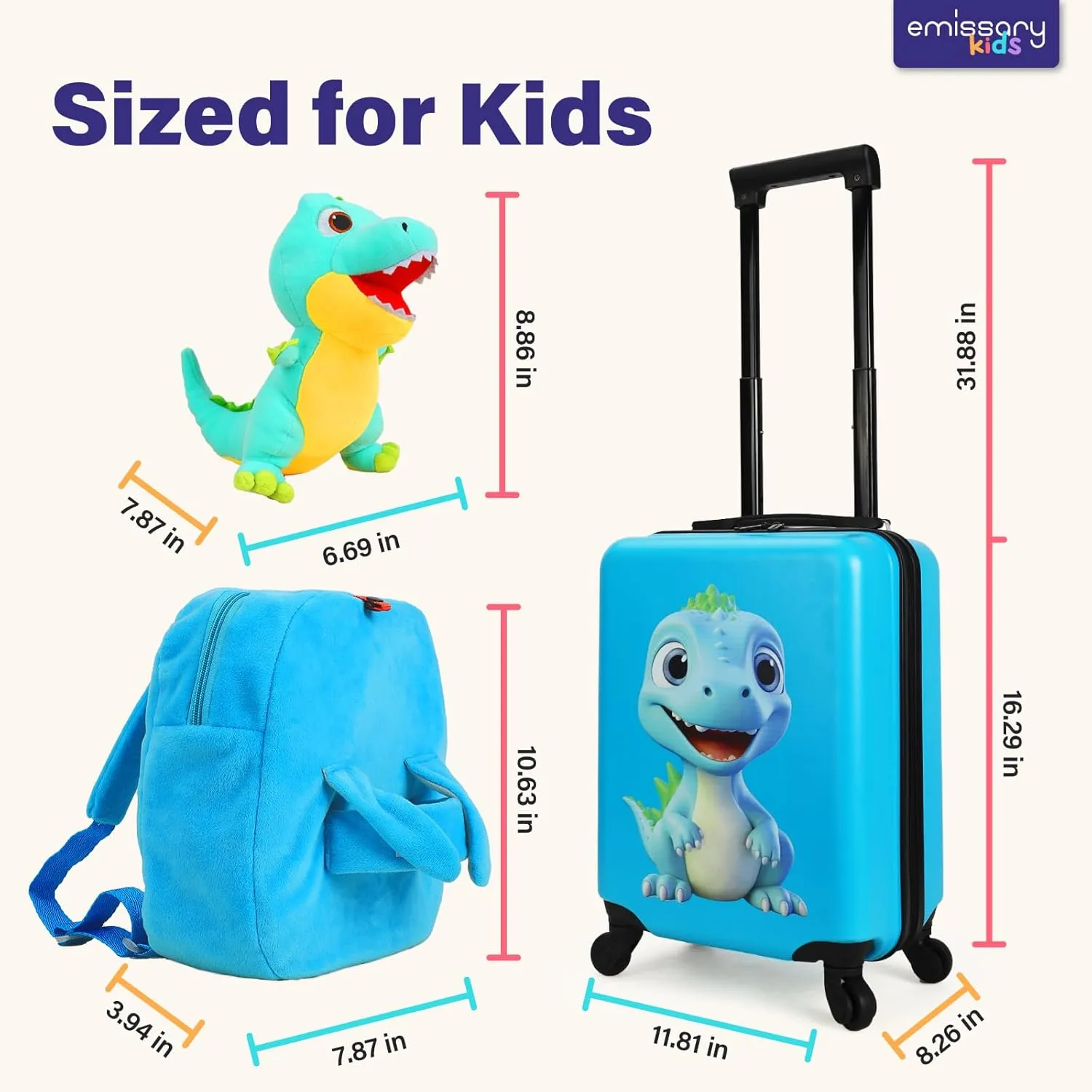 emissary Kids Luggage With Wheels, 18" Hardside Dinosaur Toddler Suitcases with Backpack for Boys, Airline Approved Kids Carry on Rolling Travel Luggage Set Gifts for Children