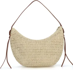 Emprier Straw Shoulder Bag for Women Raffia Woven Tote Handbag Summer Beach Purse Trendy Crescent Bag