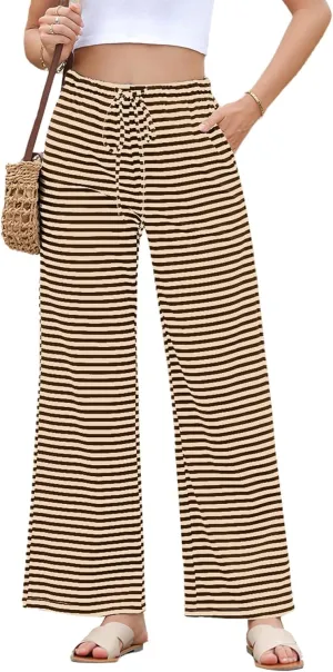 EVALESS Wide Leg Pants for Women Drawstring Elastic Waist Stripe Ribbed Sweatpants with Pockets