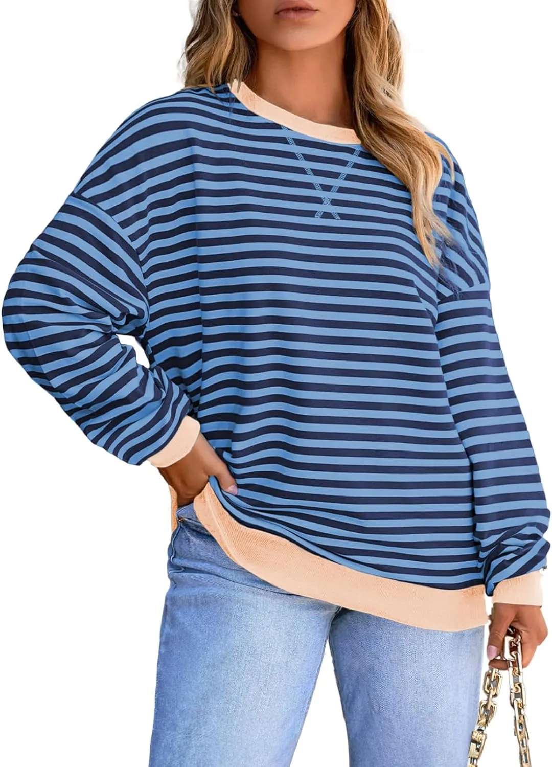 Eytino Women Plus Size Sweatshirt Striped Color Block Crew Neck Pullover Tops Long Sleeve Casual Shirt(1X-5X)