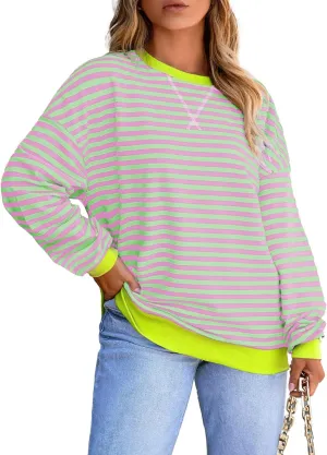 Eytino Women Plus Size Sweatshirt Striped Color Block Crew Neck Pullover Tops Long Sleeve Casual Shirt(1X-5X)
