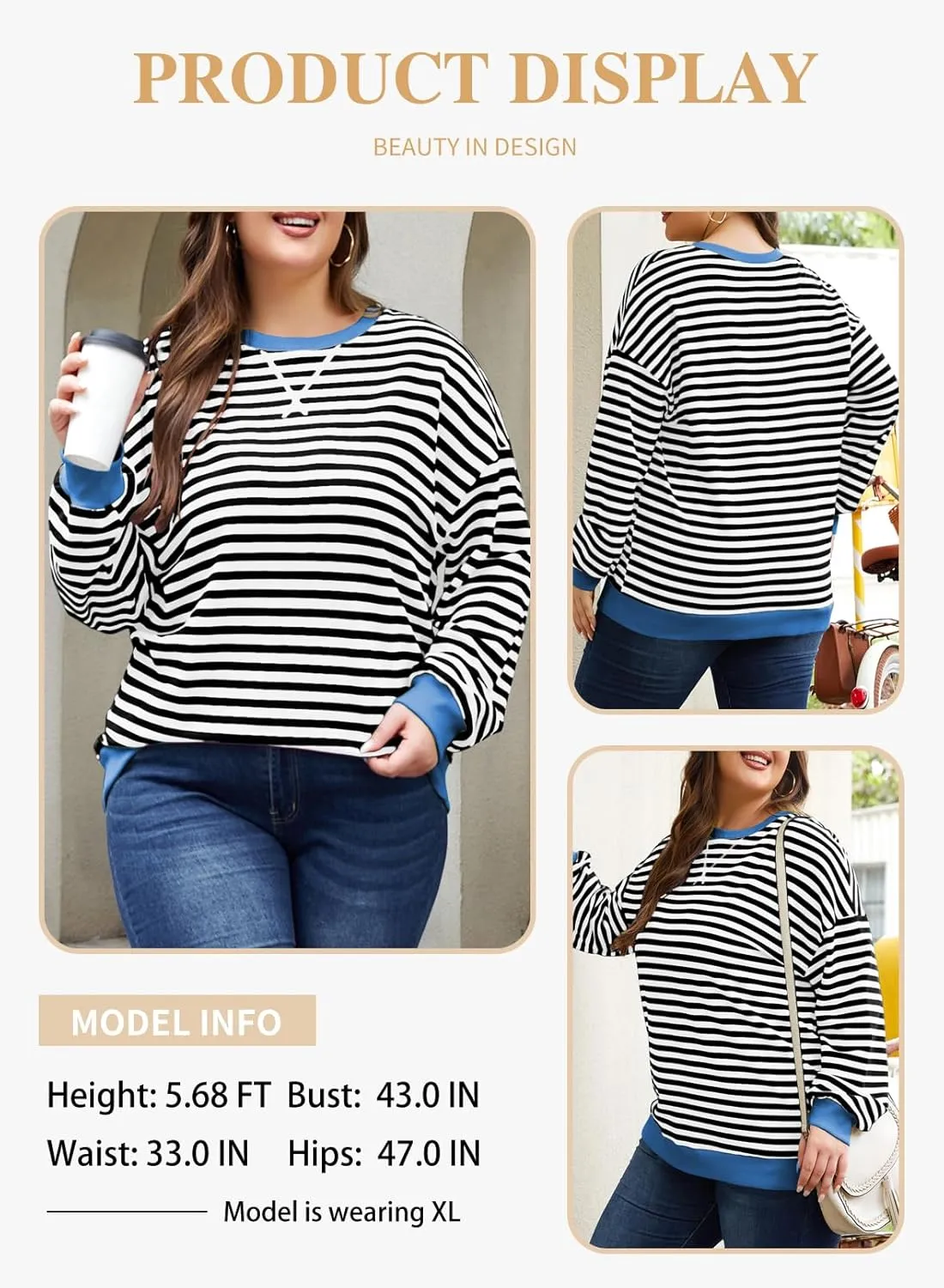 Eytino Women Plus Size Sweatshirt Striped Color Block Crew Neck Pullover Tops Long Sleeve Casual Shirt(1X-5X)