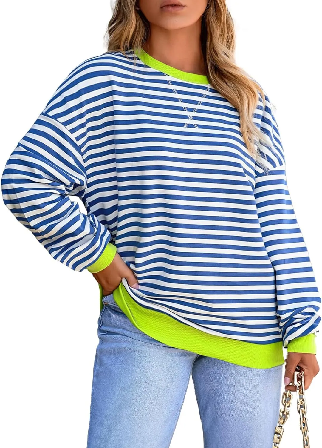 Eytino Women Plus Size Sweatshirt Striped Color Block Crew Neck Pullover Tops Long Sleeve Casual Shirt(1X-5X)