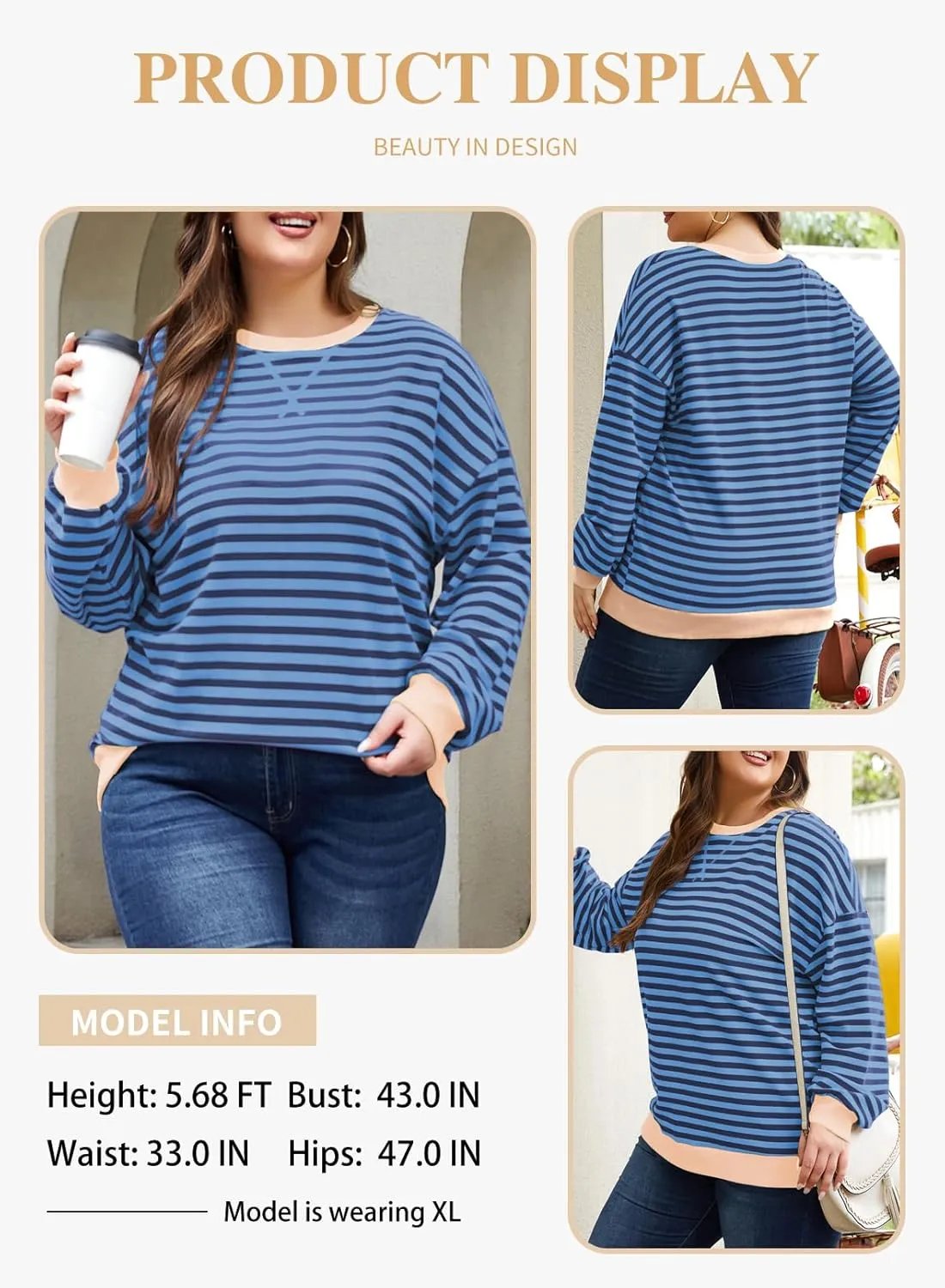 Eytino Women Plus Size Sweatshirt Striped Color Block Crew Neck Pullover Tops Long Sleeve Casual Shirt(1X-5X)