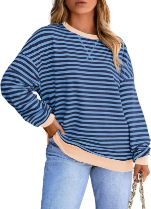 Eytino Women Plus Size Sweatshirt Striped Color Block Crew Neck Pullover Tops Long Sleeve Casual Shirt(1X-5X)