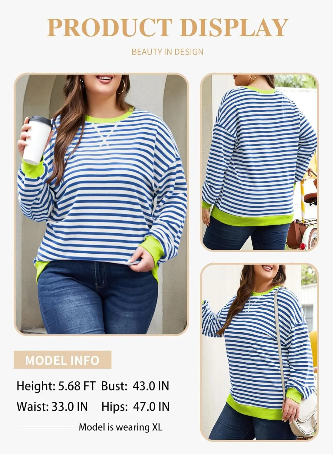Eytino Women Plus Size Sweatshirt Striped Color Block Crew Neck Pullover Tops Long Sleeve Casual Shirt(1X-5X)