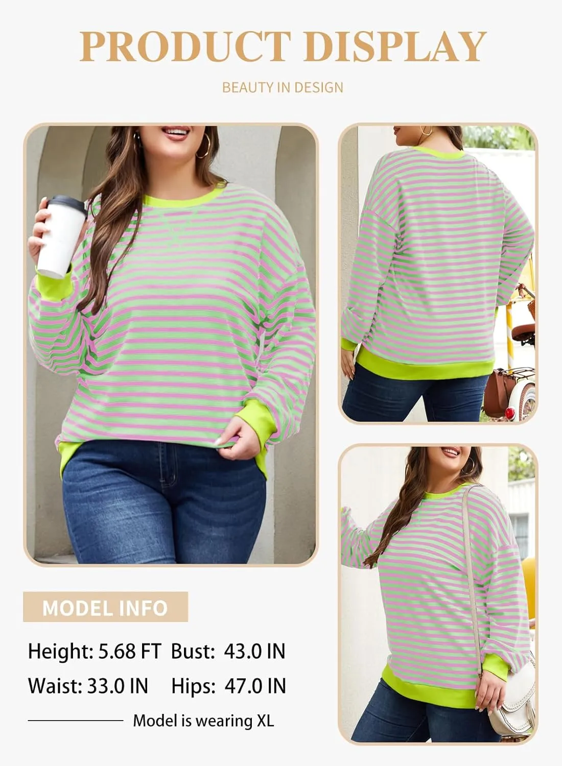 Eytino Women Plus Size Sweatshirt Striped Color Block Crew Neck Pullover Tops Long Sleeve Casual Shirt(1X-5X)