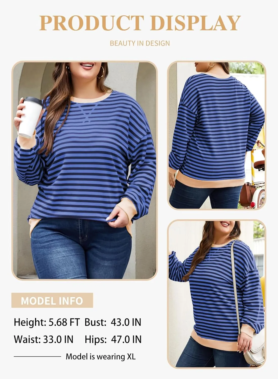 Eytino Women Plus Size Sweatshirt Striped Color Block Crew Neck Pullover Tops Long Sleeve Casual Shirt(1X-5X)
