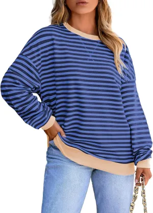 Eytino Women Plus Size Sweatshirt Striped Color Block Crew Neck Pullover Tops Long Sleeve Casual Shirt(1X-5X)