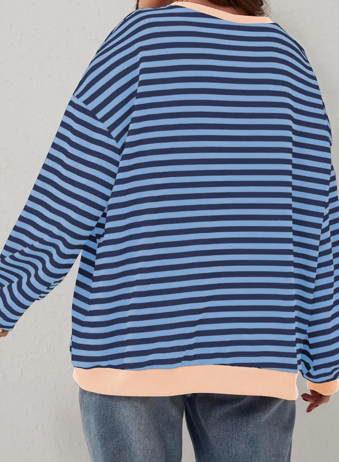 Eytino Women Plus Size Sweatshirt Striped Color Block Crew Neck Pullover Tops Long Sleeve Casual Shirt(1X-5X)
