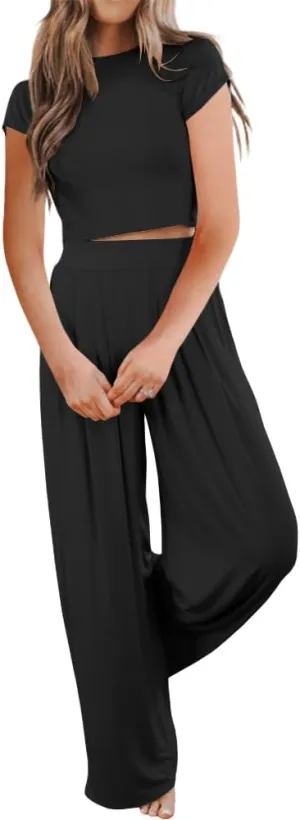 Ezbelle Women's Two Piece Outfit Short Sleeve Crewneck Crop Tops And Pockets Wide Leg Long Pants Tracksuit Sweatsuits