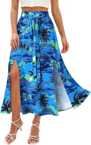 Ezcosplay Women Maxi Hawaiian Floral Slit Skirt High Elastic Waisted Split Thigh Long Skirts with Pockets