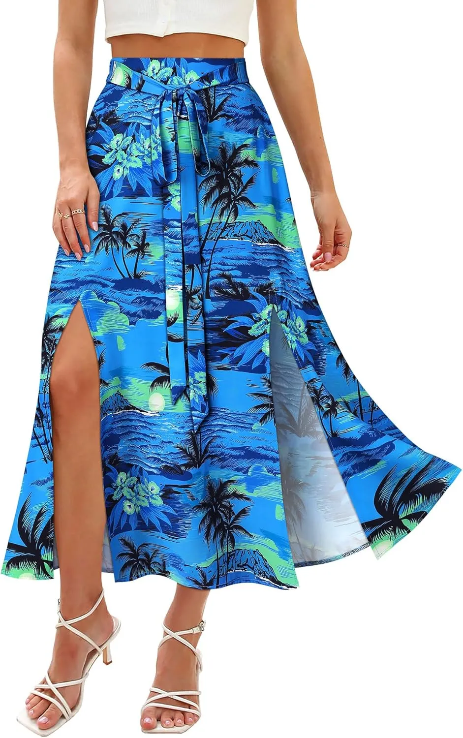 Ezcosplay Women Maxi Hawaiian Floral Slit Skirt High Elastic Waisted Split Thigh Long Skirts with Pockets