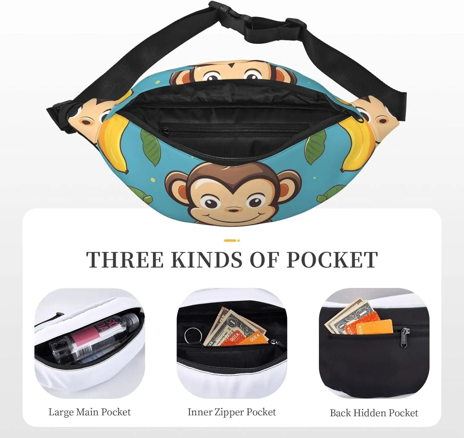 Fanny Pack Monkey And Banana Pattern Waist Pack For Women Men Waterproof Belt Bag With Adjustable Belt Casual Crossbody Bag Travel Waist Bag For Sports Running Cycling