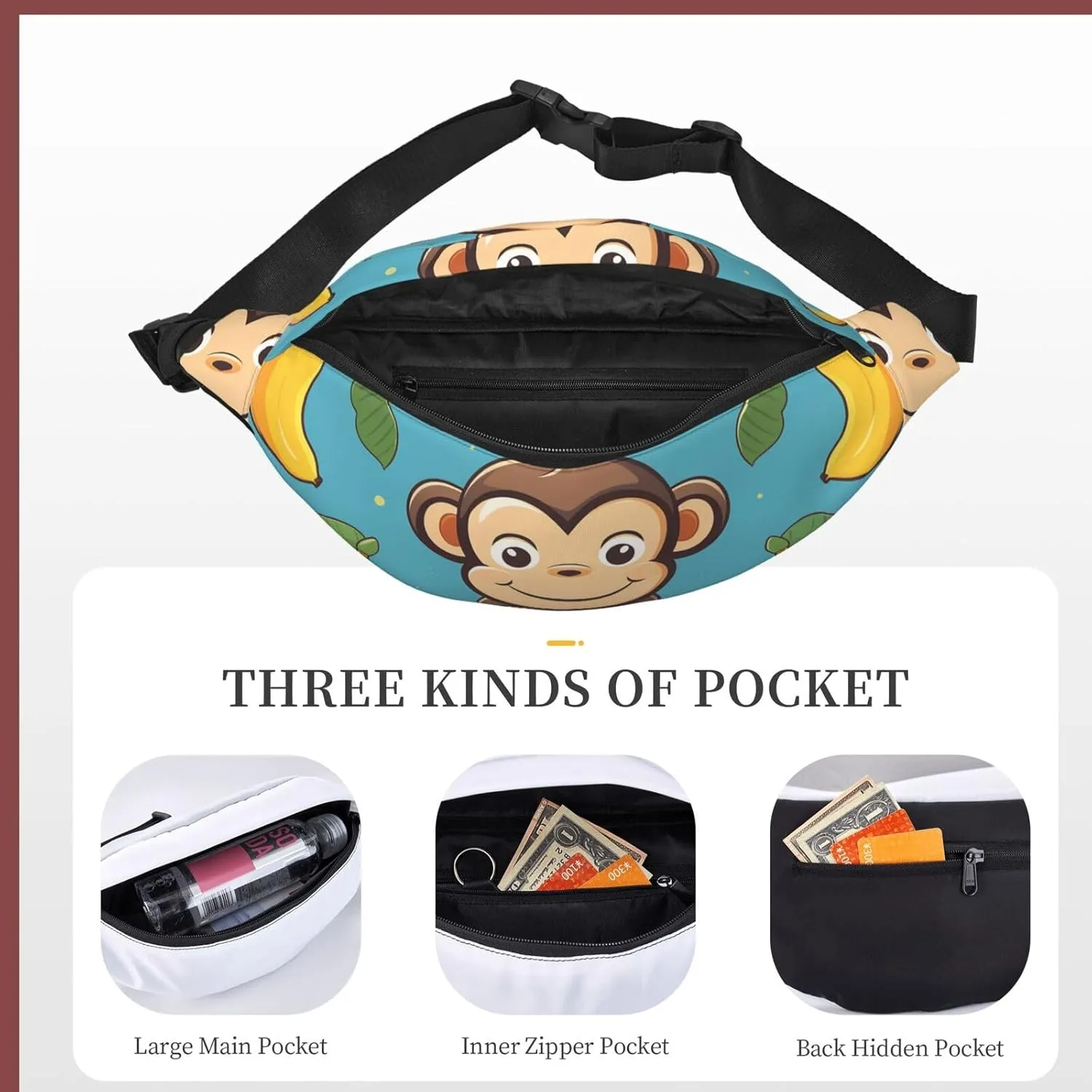 Fanny Pack Monkey And Banana Pattern Waist Pack For Women Men Waterproof Belt Bag With Adjustable Belt Casual Crossbody Bag Travel Waist Bag For Sports Running Cycling