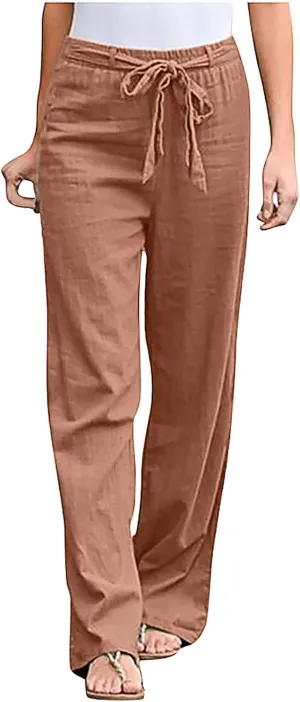 fartey Women Straight Leg Linen Pants Casual Loose High Waist Palazzo Pants Drawstring Wide Leg Summer Trousers with Pockets