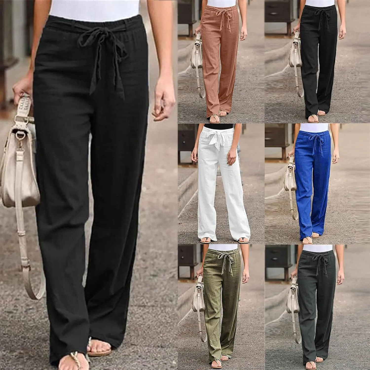 fartey Women Straight Leg Linen Pants Casual Loose High Waist Palazzo Pants Drawstring Wide Leg Summer Trousers with Pockets