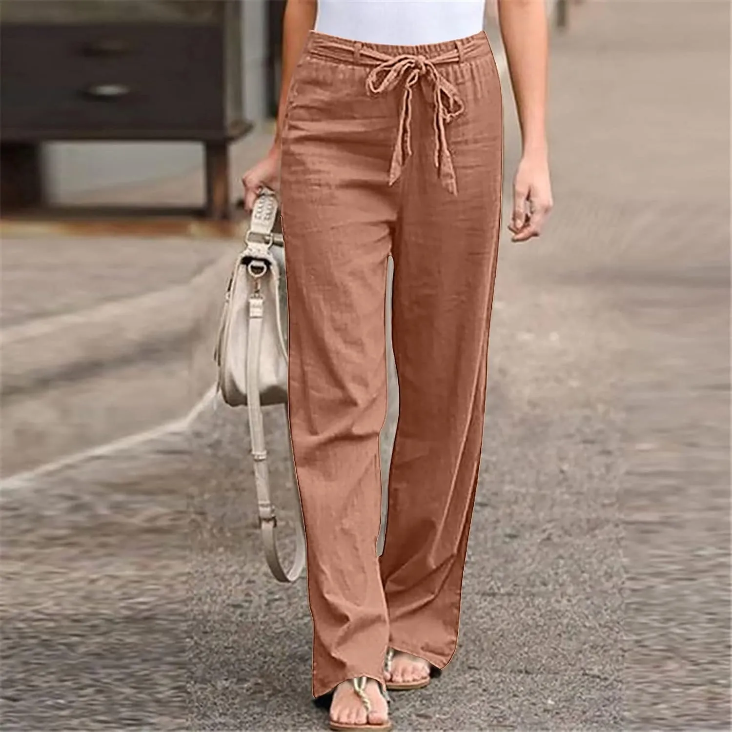 fartey Women Straight Leg Linen Pants Casual Loose High Waist Palazzo Pants Drawstring Wide Leg Summer Trousers with Pockets